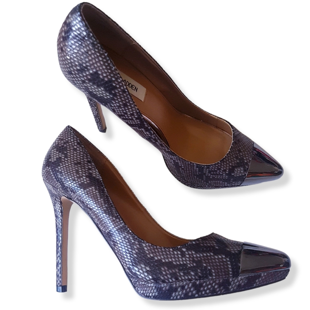 STEVE MADDEN Gray Mirror Toe Snakeskin High Heels